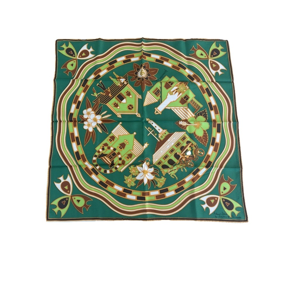 VTG Smith's of Bermuda Scarf Island Landmarks 60s 70s Design Green 22" Signed